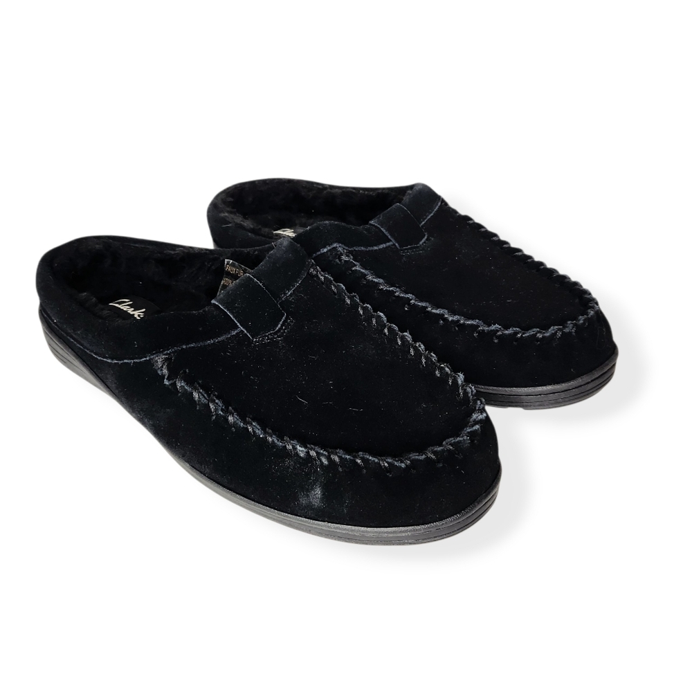 Clarks Men's Slip On Black Suede Leather Indoor Outdoor Clog Slippers Size 10